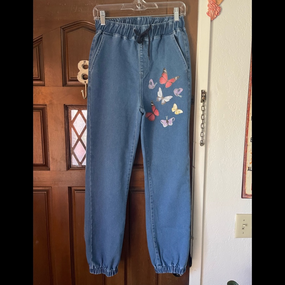 Shein elastic drawstring butterfly Jean joggers